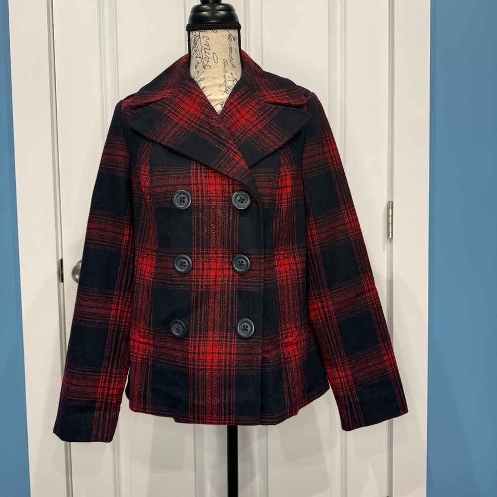 Old Navy Womens Red Black Plaid Pea Coat Jacket Size Medium
